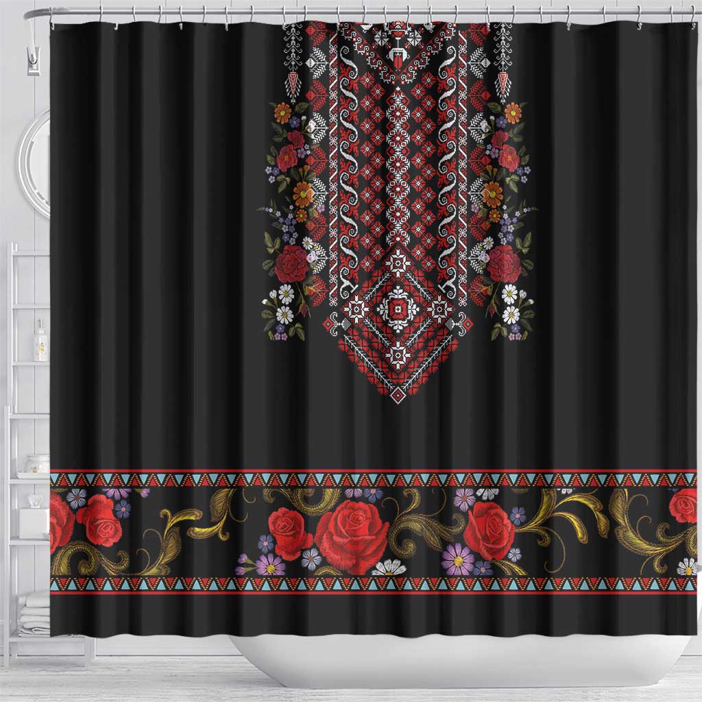 Traditional Romanian Costume - Costum Popular Shower Curtain Traditional Romanian Motif and Folk Floral Embroidery Style LT03