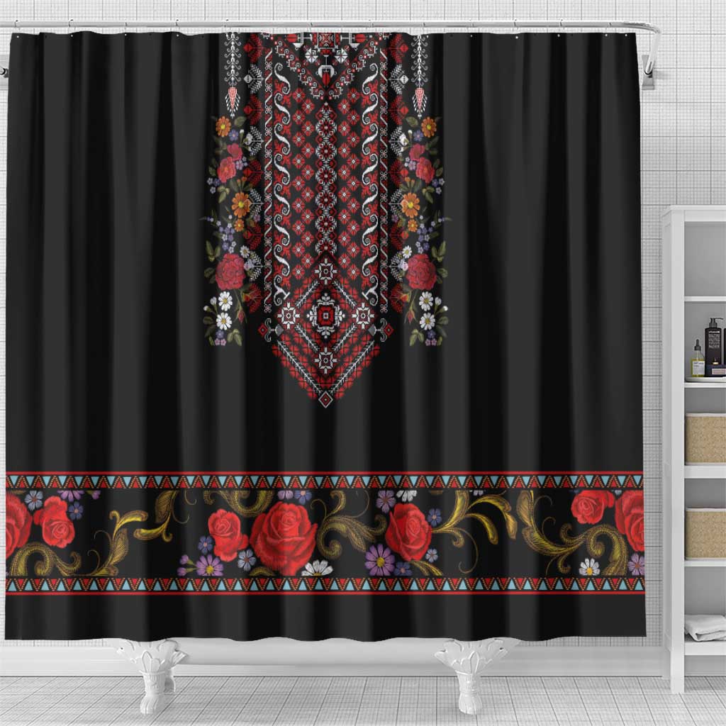 Traditional Romanian Costume - Costum Popular Shower Curtain Traditional Romanian Motif and Folk Floral Embroidery Style LT03