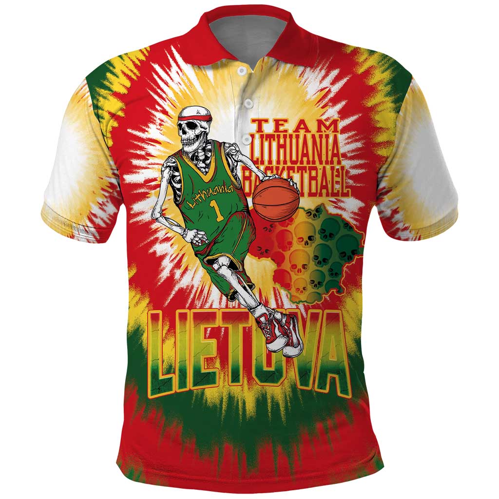 Custom Lithuania Basketball Polo Shirt Champions Skeleton of The Baltic Tie Dye Style LT03
