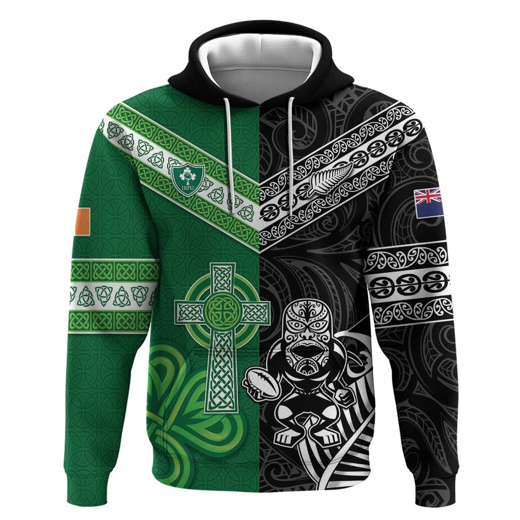 New Zealand And Ireland Rugby Custom Hoodie Maori Tiki With Shamrock LT05