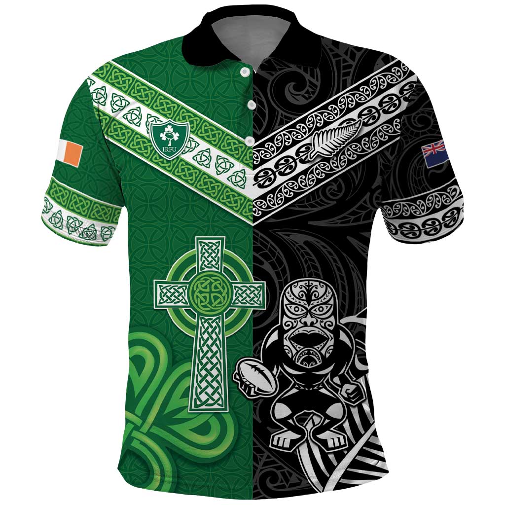 New Zealand And Ireland Rugby Custom Polo Shirt Maori Tiki With Shamrock LT05