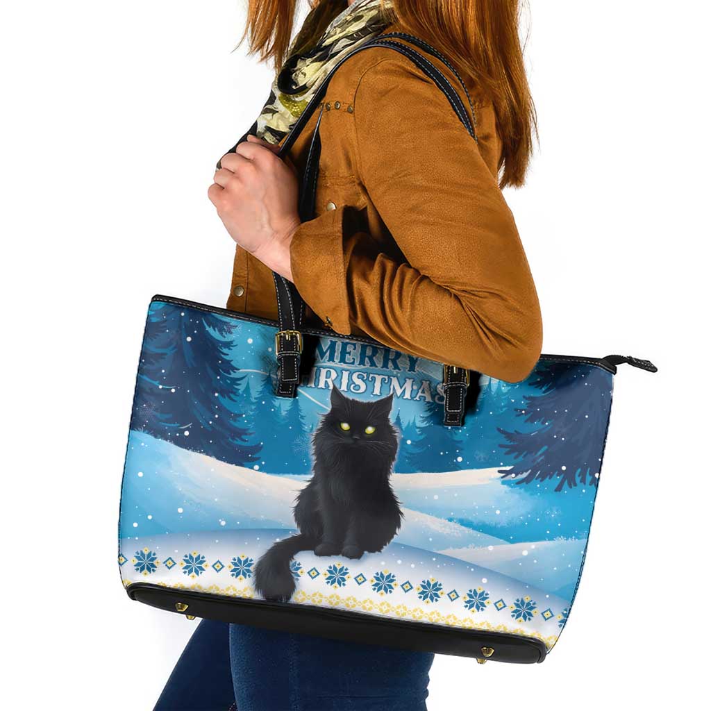 Merry Christmas Yule Cat Leather Tote Bag Icelandic Folklore Jolakotturinn LT05