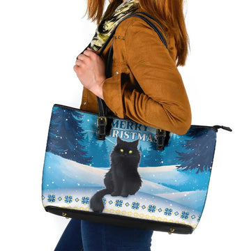 Merry Christmas Yule Cat Leather Tote Bag Icelandic Folklore Jolakotturinn LT05