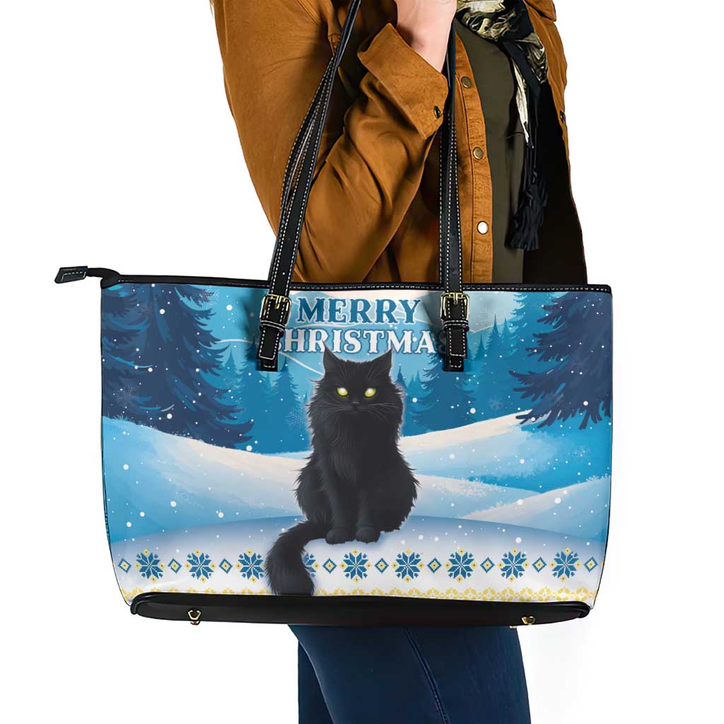 Merry Christmas Yule Cat Leather Tote Bag Icelandic Folklore Jolakotturinn LT05