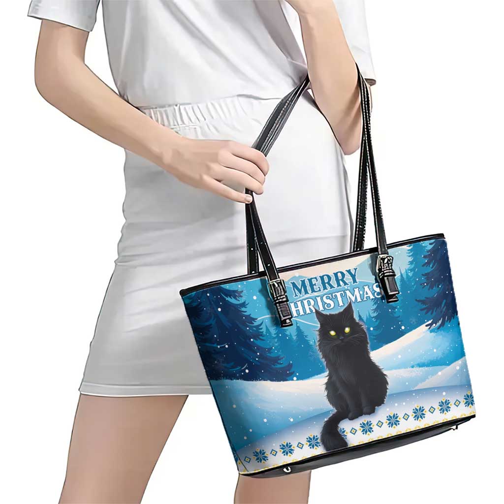 Merry Christmas Yule Cat Leather Tote Bag Icelandic Folklore Jolakotturinn LT05