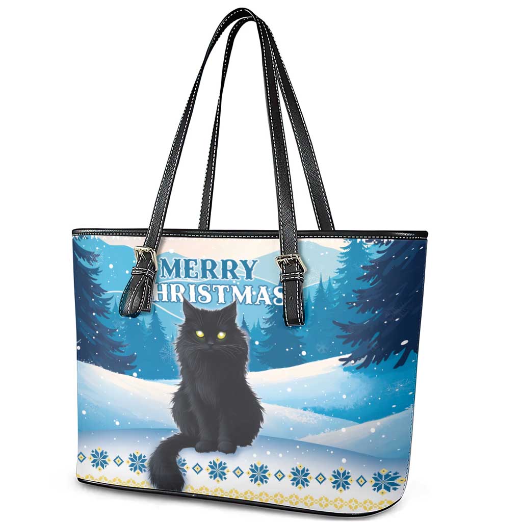 Merry Christmas Yule Cat Leather Tote Bag Icelandic Folklore Jolakotturinn LT05