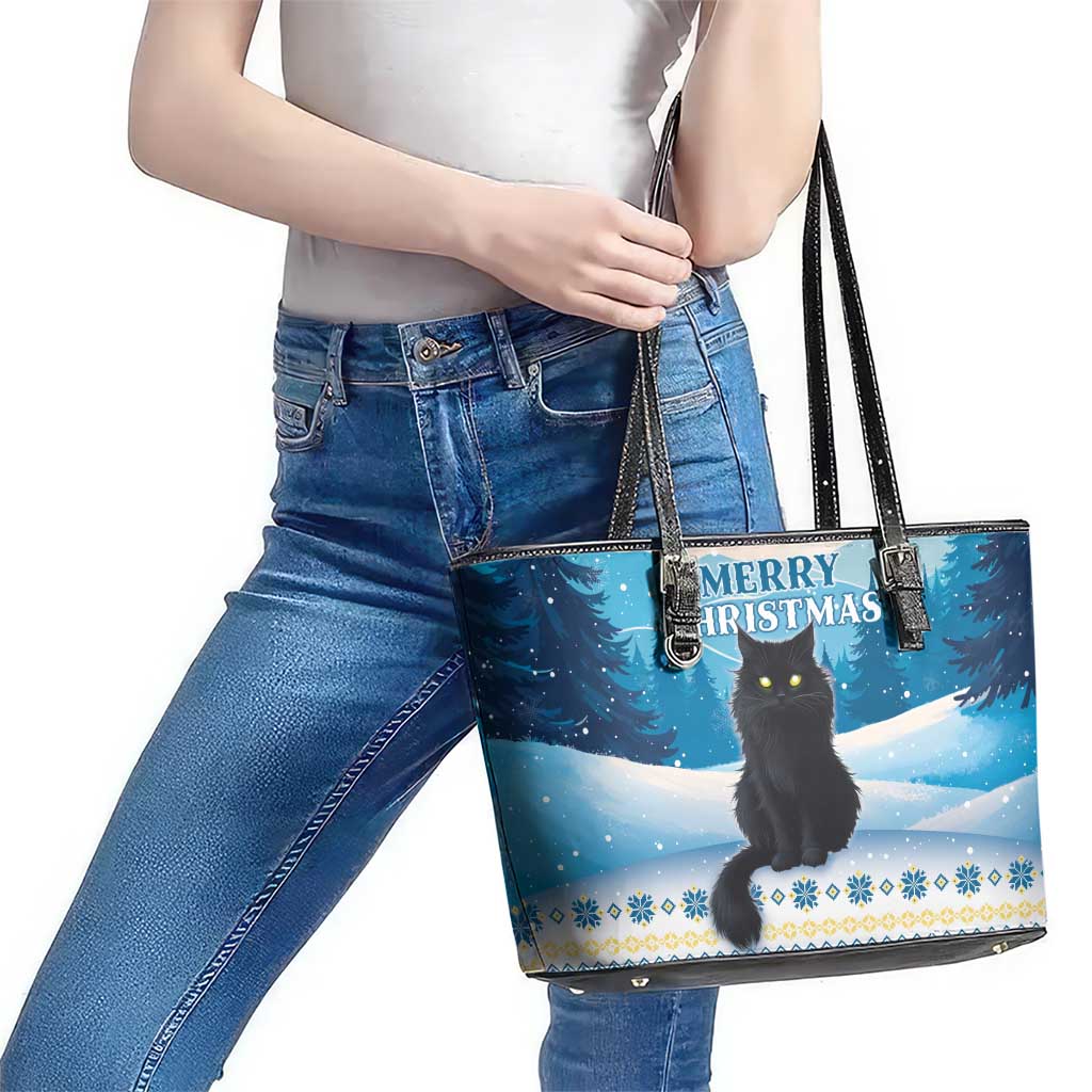 Merry Christmas Yule Cat Leather Tote Bag Icelandic Folklore Jolakotturinn LT05