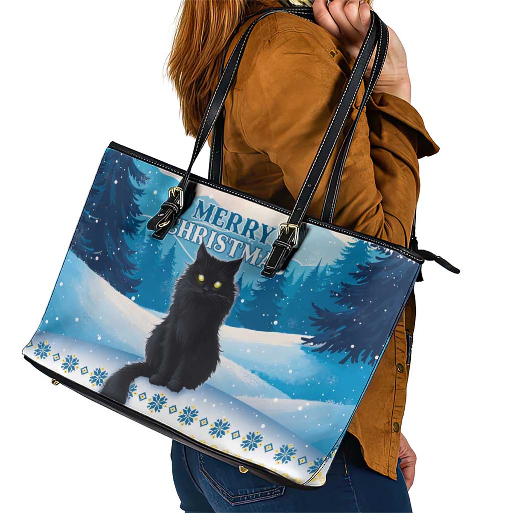 Merry Christmas Yule Cat Leather Tote Bag Icelandic Folklore Jolakotturinn LT05