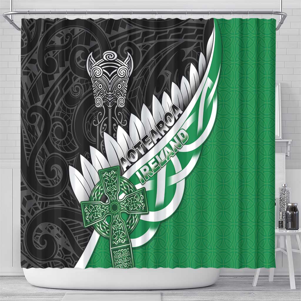 New Zealand And Ireland Rugby Shower Curtain Silver Fern With Celtic Cross LT05