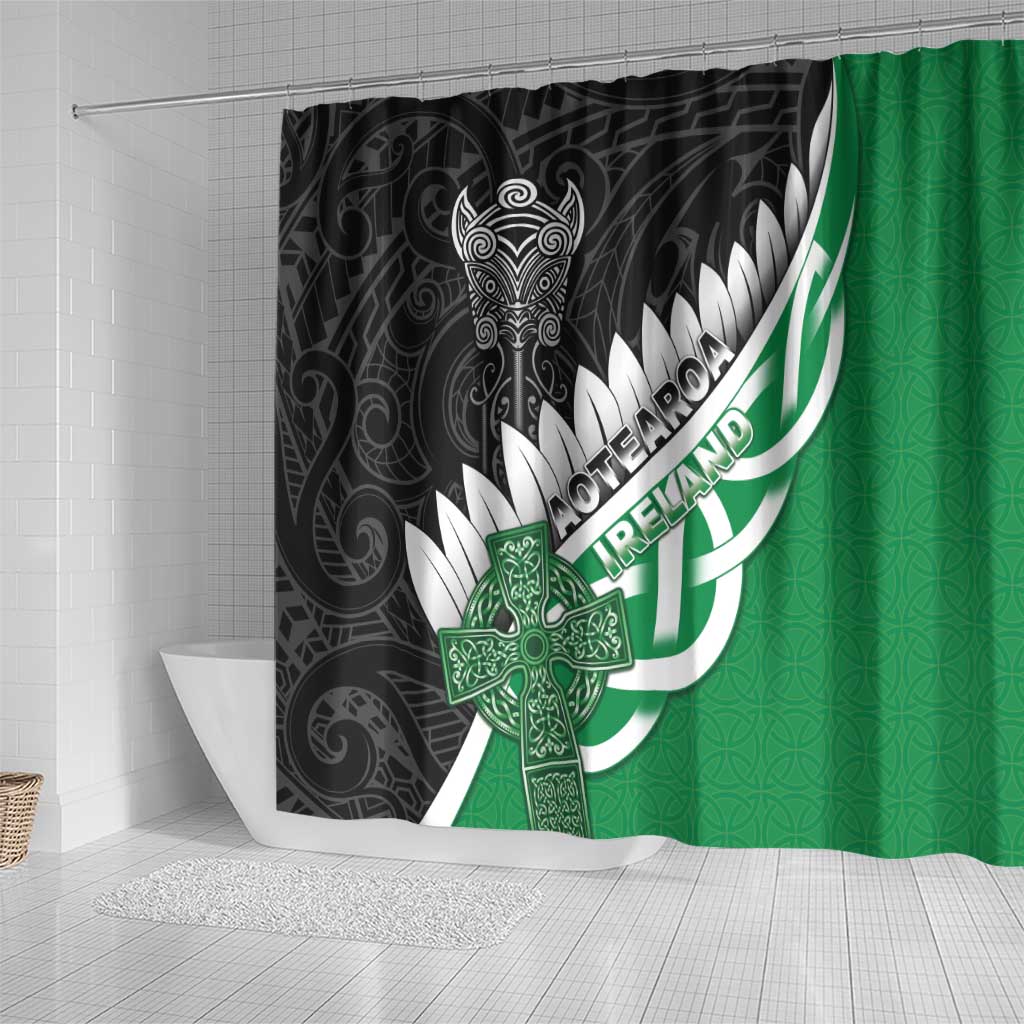 New Zealand And Ireland Rugby Shower Curtain Silver Fern With Celtic Cross LT05
