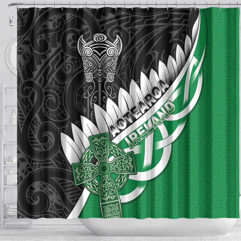 New Zealand And Ireland Rugby Shower Curtain Silver Fern With Celtic Cross LT05