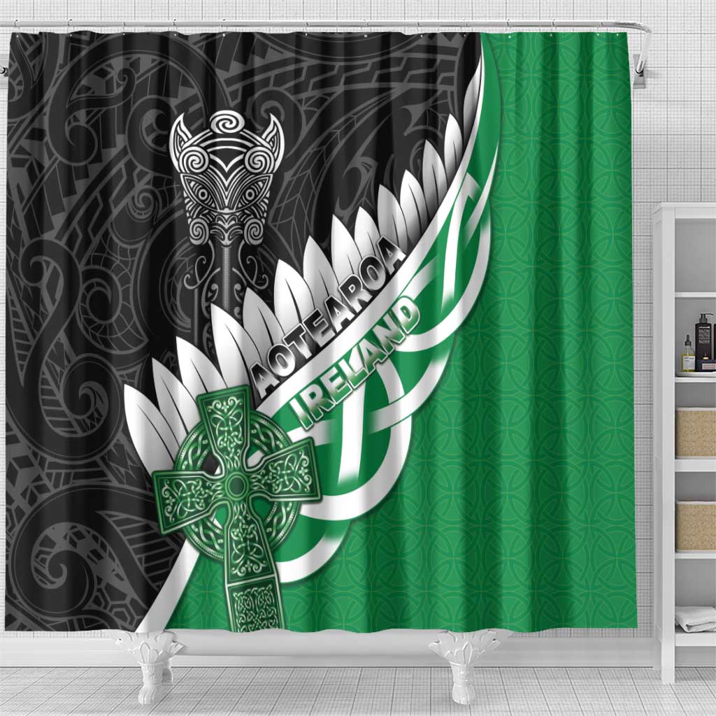 New Zealand And Ireland Rugby Shower Curtain Silver Fern With Celtic Cross LT05