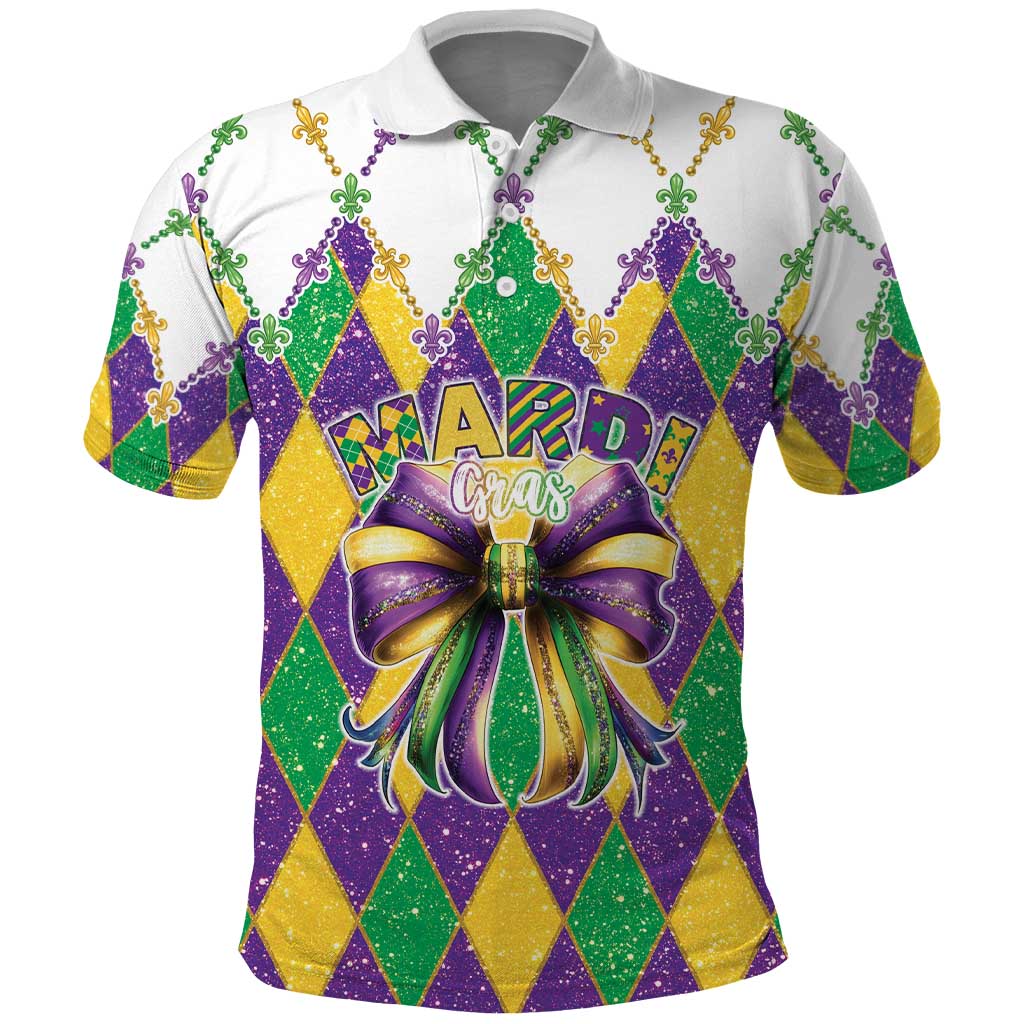 Love Mardi Gras Polo Shirt Coquette Bow Glitter Style LT05