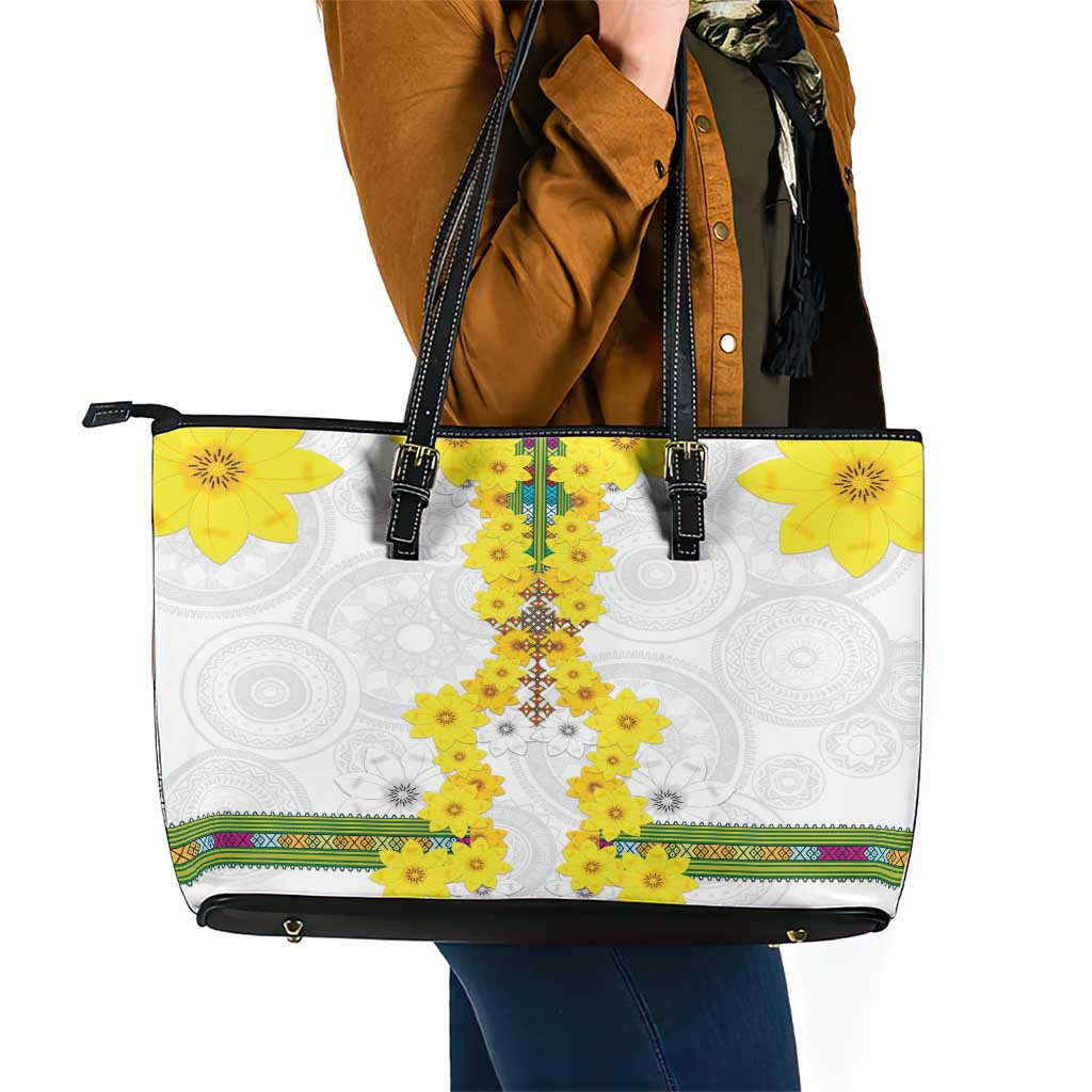 Enkutatash Ethiopia New Year Leather Tote Bag Tilet Pattern With Adey Abeba Flowers LT05