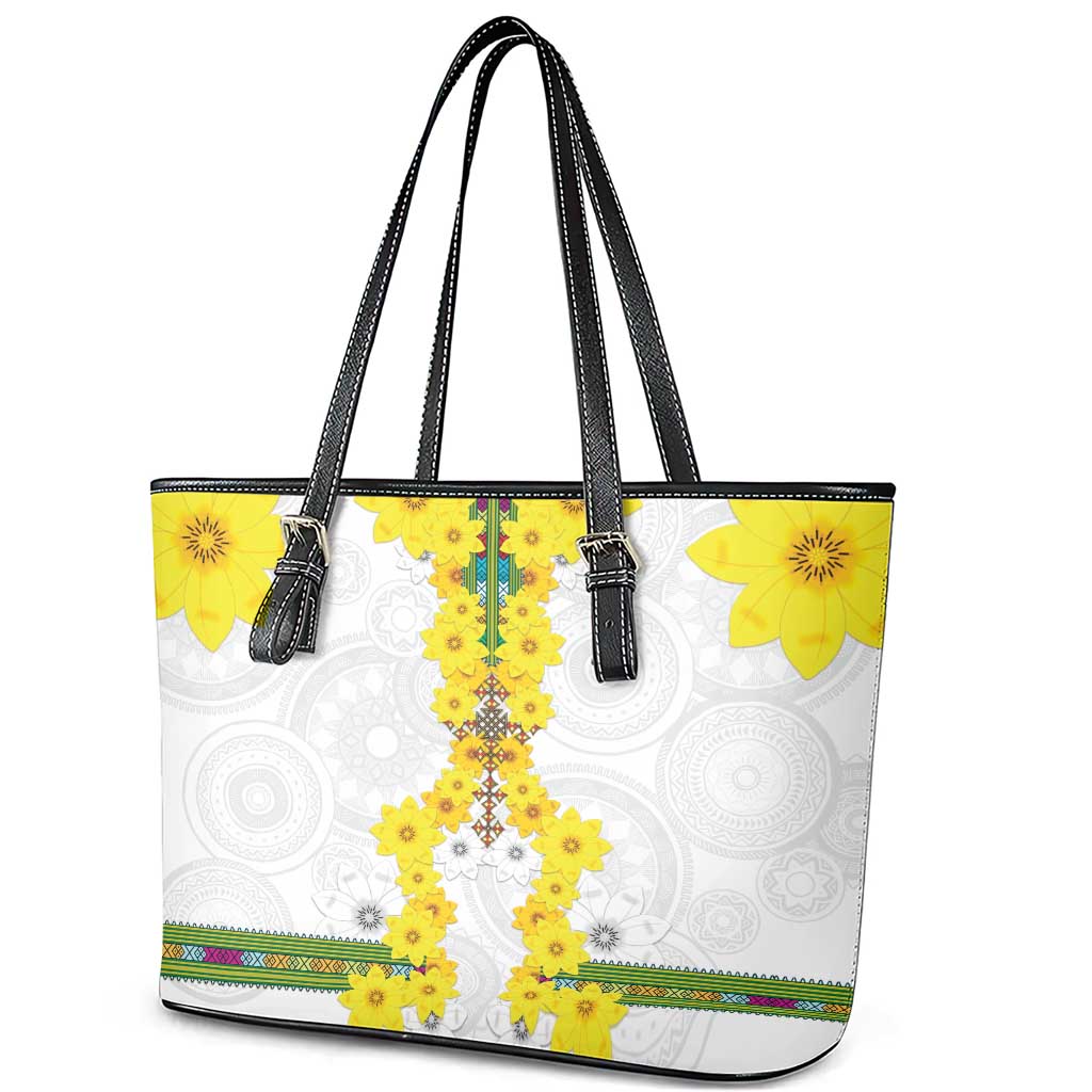 Enkutatash Ethiopia New Year Leather Tote Bag Tilet Pattern With Adey Abeba Flowers LT05
