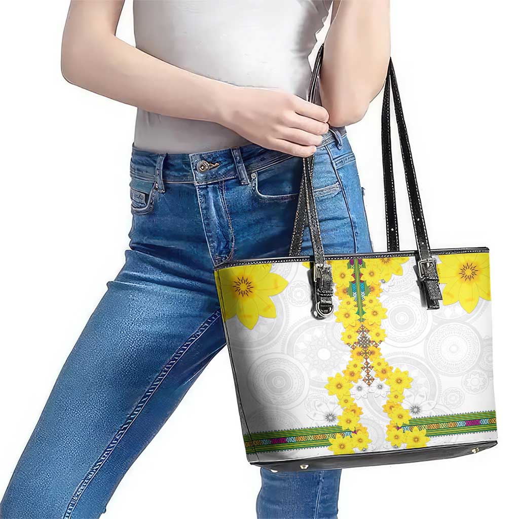 Enkutatash Ethiopia New Year Leather Tote Bag Tilet Pattern With Adey Abeba Flowers LT05