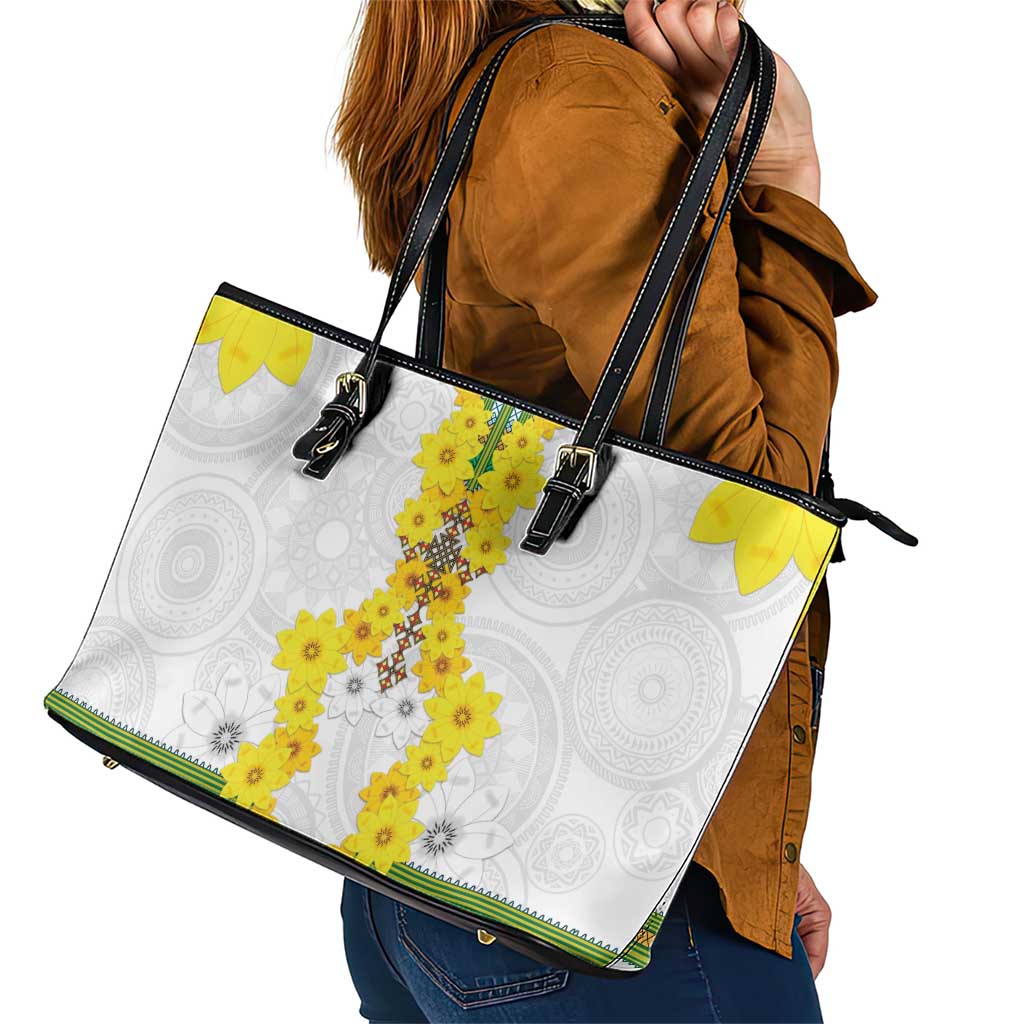 Enkutatash Ethiopia New Year Leather Tote Bag Tilet Pattern With Adey Abeba Flowers LT05