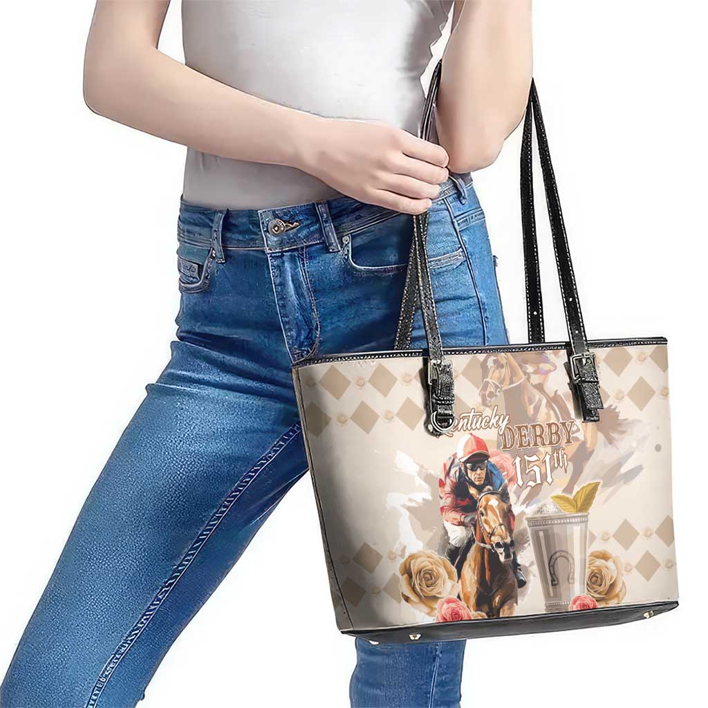 Kentucky 151st Anniversary Horse Racing Leather Tote Bag Mint Julep Beige Version LT05