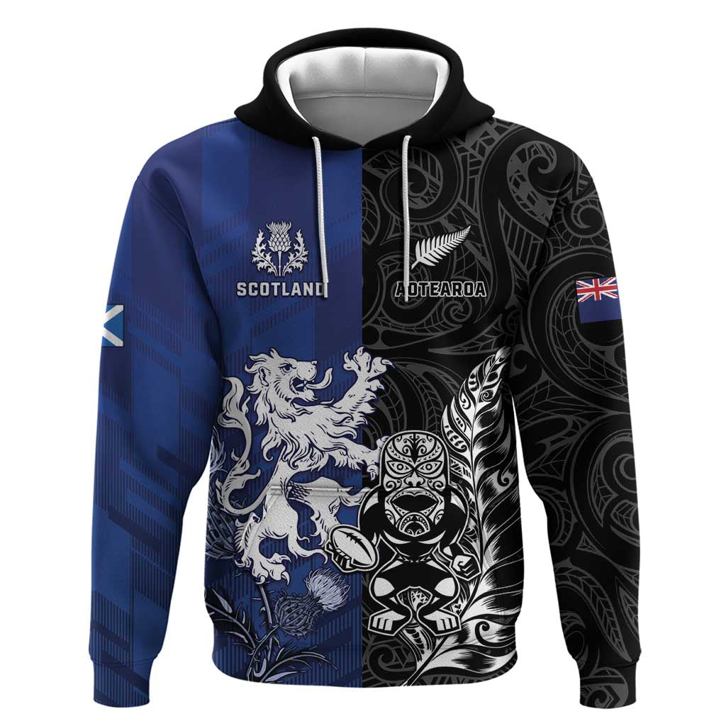 New Zealand And Scotland Rugby Custom Hoodie Maori Tiki With Thistle Together LT05