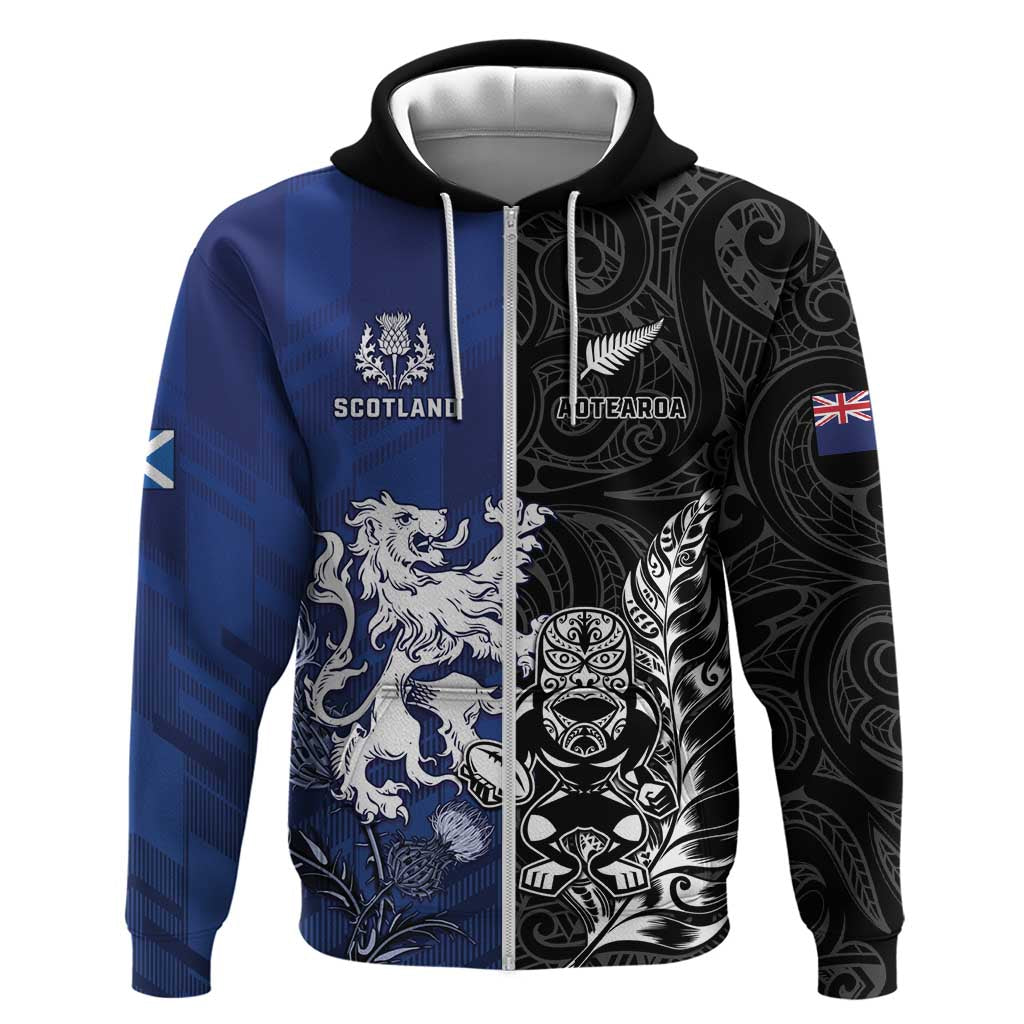 New Zealand And Scotland Rugby Custom Hoodie Maori Tiki With Thistle Together LT05