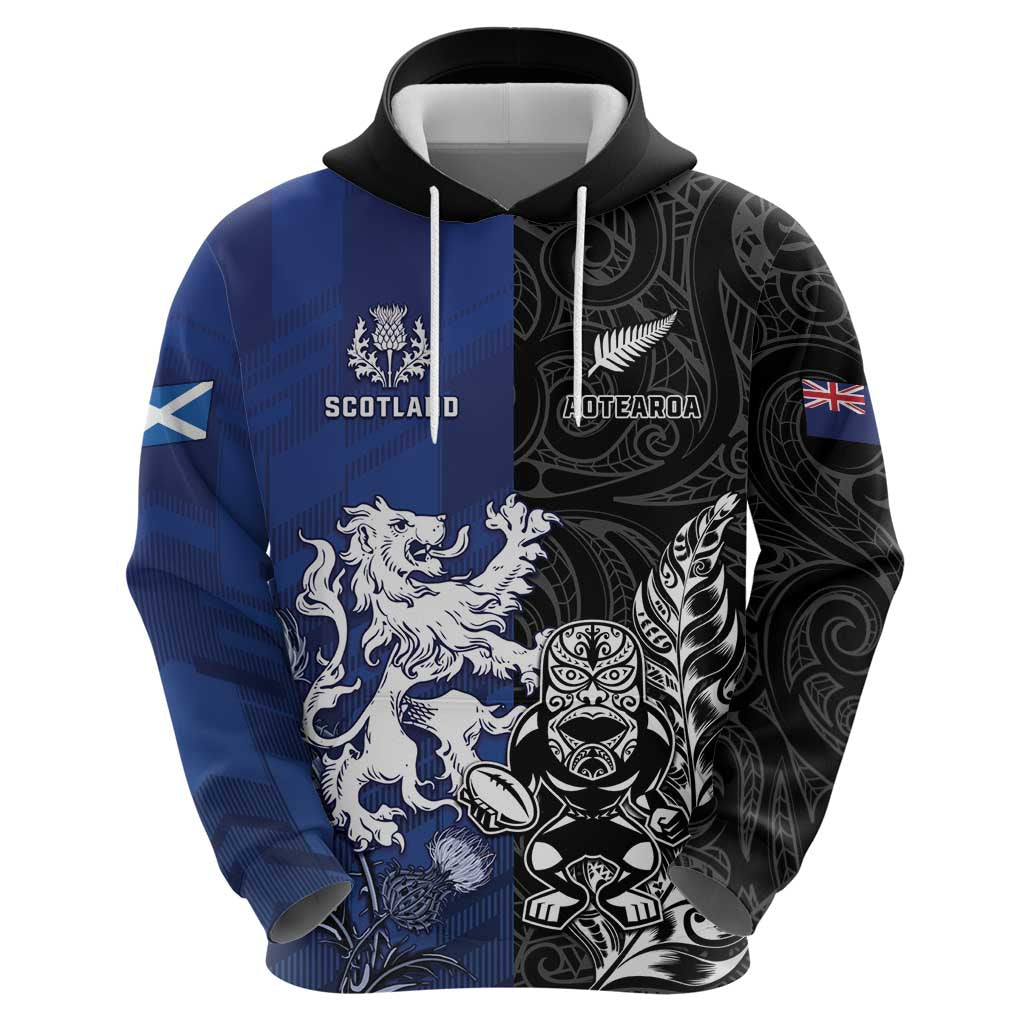 New Zealand And Scotland Rugby Custom Hoodie Maori Tiki With Thistle Together LT05