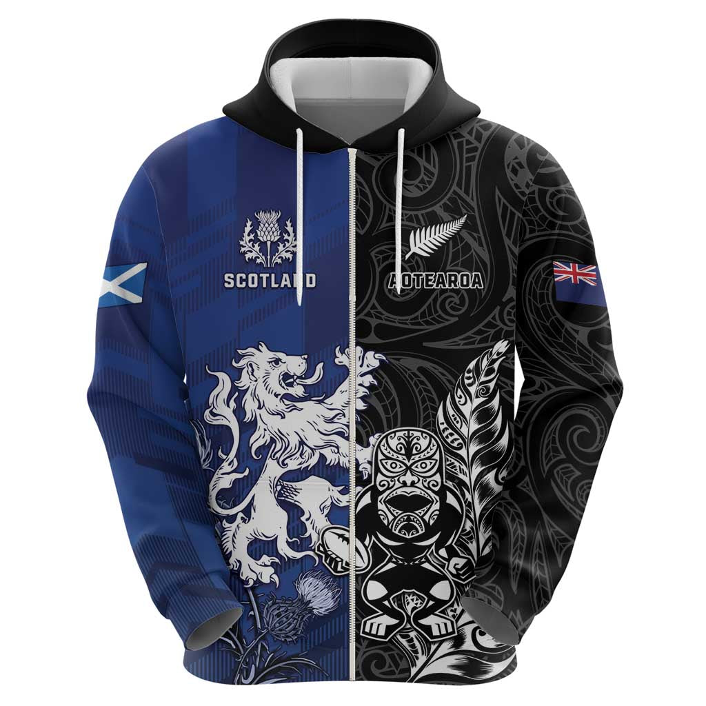 New Zealand And Scotland Rugby Custom Hoodie Maori Tiki With Thistle Together LT05
