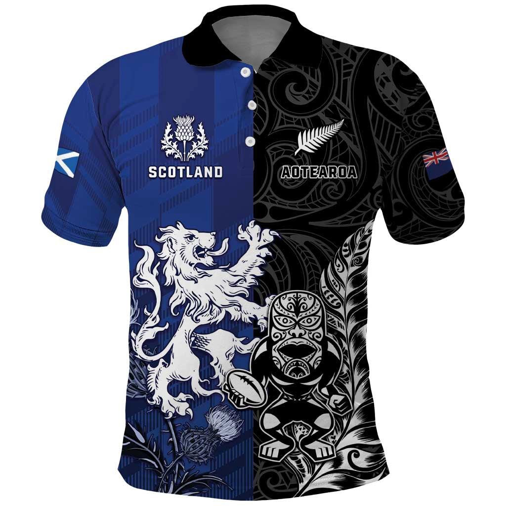New Zealand And Scotland Rugby Custom Polo Shirt Maori Tiki With Thistle Together LT05
