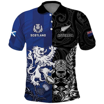 New Zealand And Scotland Rugby Custom Polo Shirt Maori Tiki With Thistle Together LT05