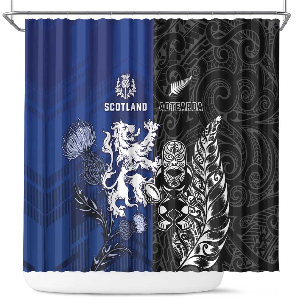 New Zealand And Scotland Rugby Shower Curtain Maori Tiki With Thistle Together LT05