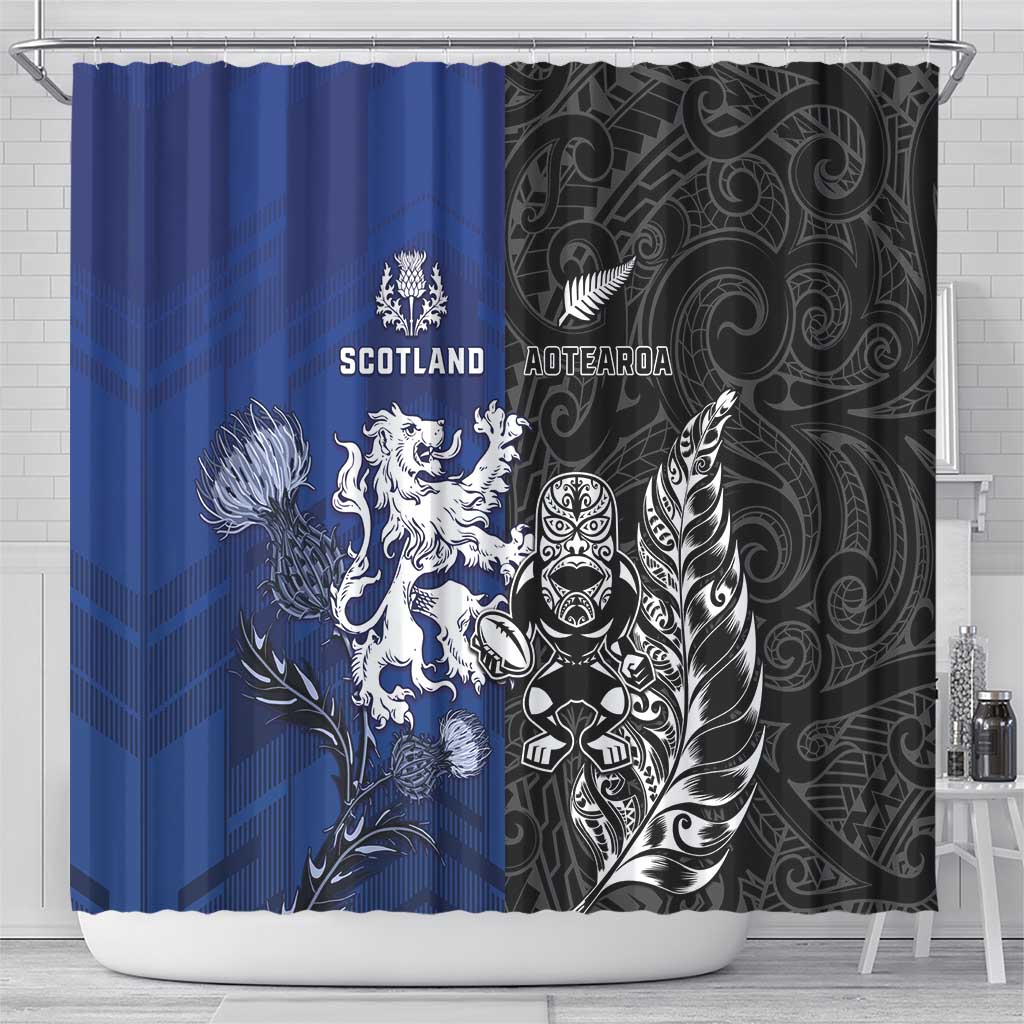New Zealand And Scotland Rugby Shower Curtain Maori Tiki With Thistle Together LT05