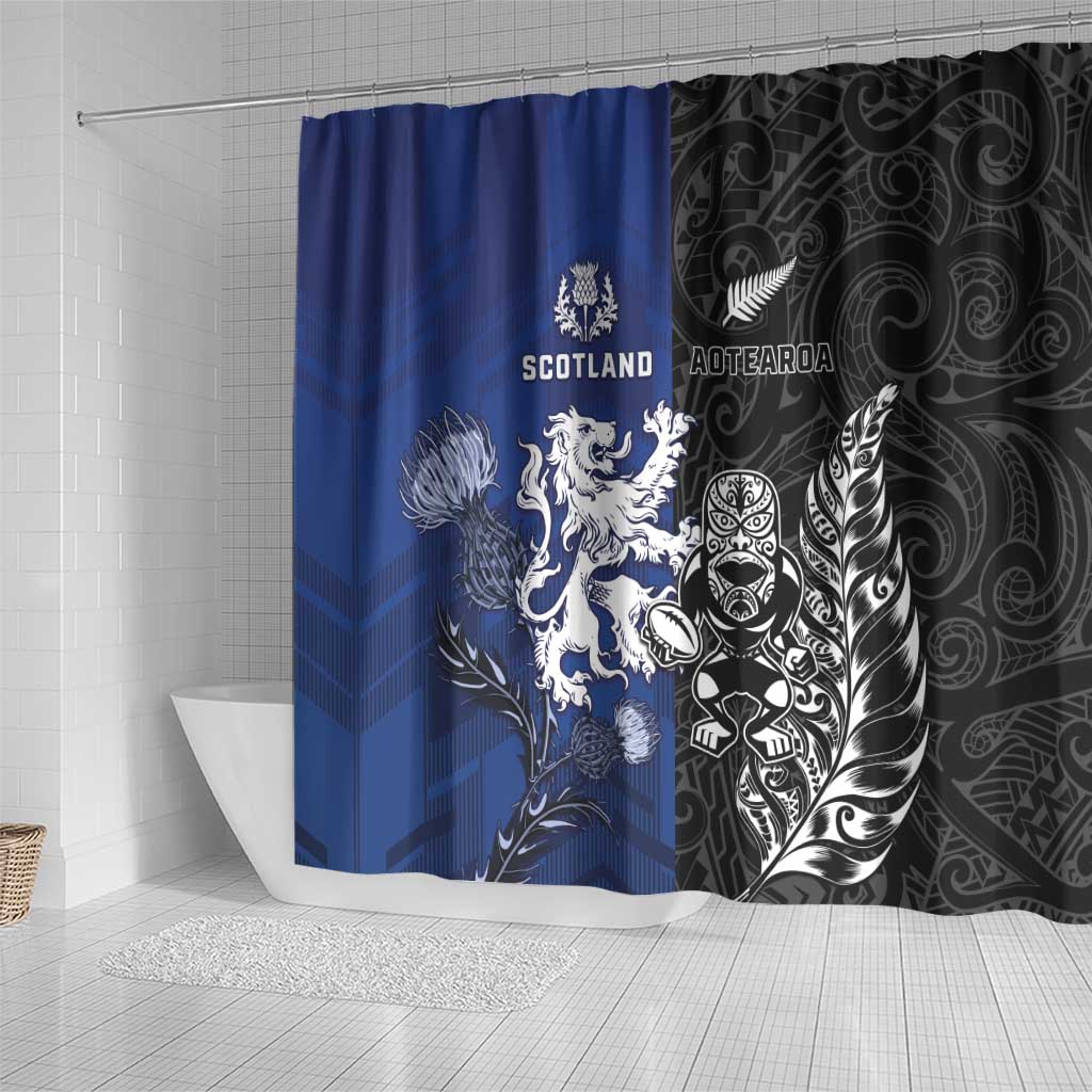 New Zealand And Scotland Rugby Shower Curtain Maori Tiki With Thistle Together LT05