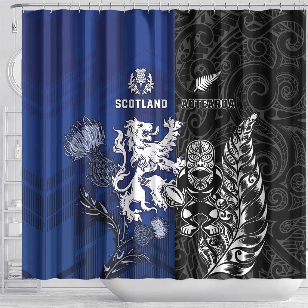 New Zealand And Scotland Rugby Shower Curtain Maori Tiki With Thistle Together LT05