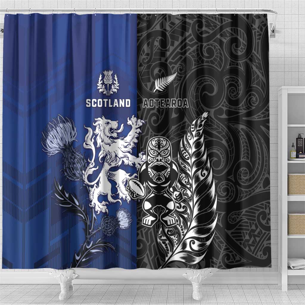 New Zealand And Scotland Rugby Shower Curtain Maori Tiki With Thistle Together LT05