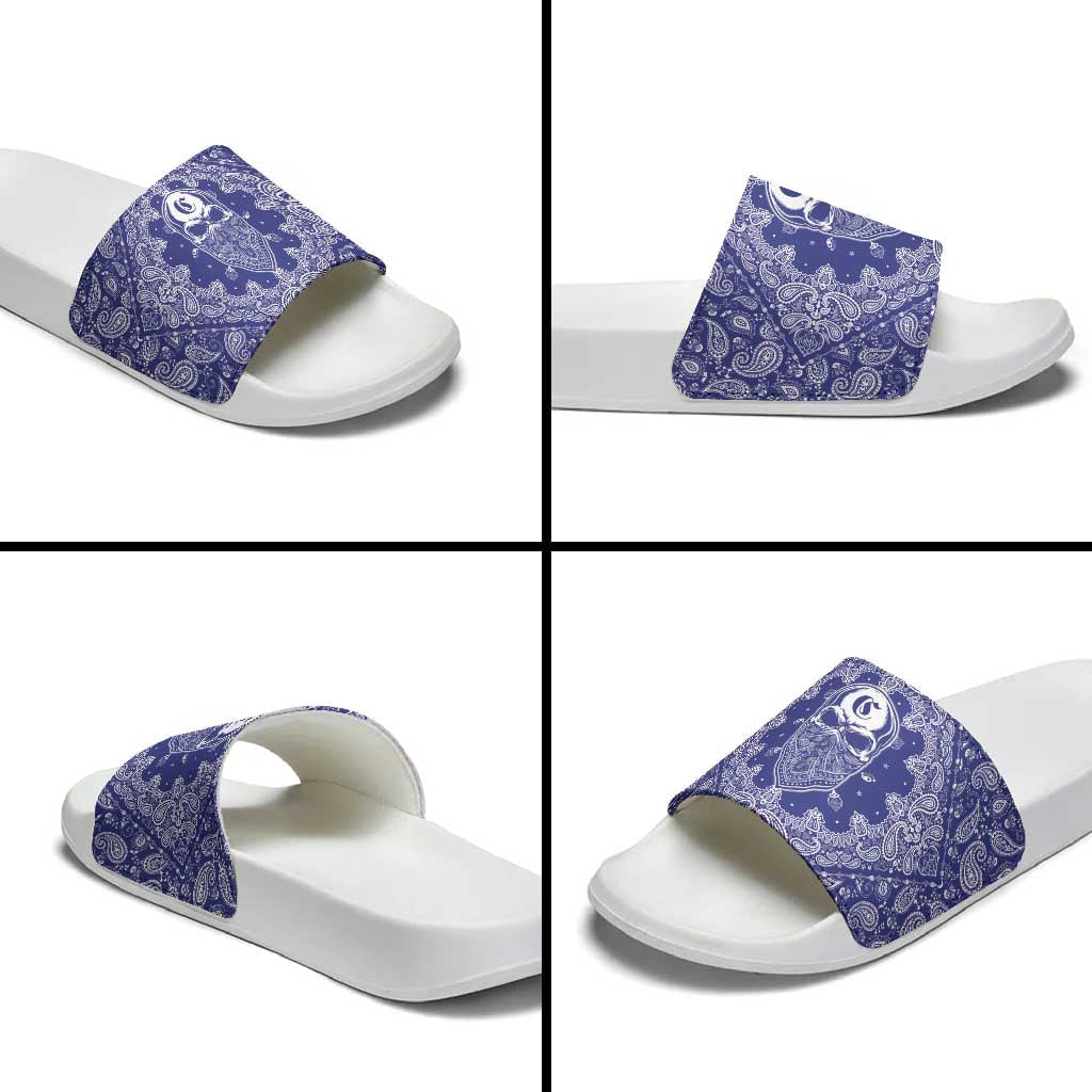 Blue Paisley Slide Sandals Skull Gangster LT05