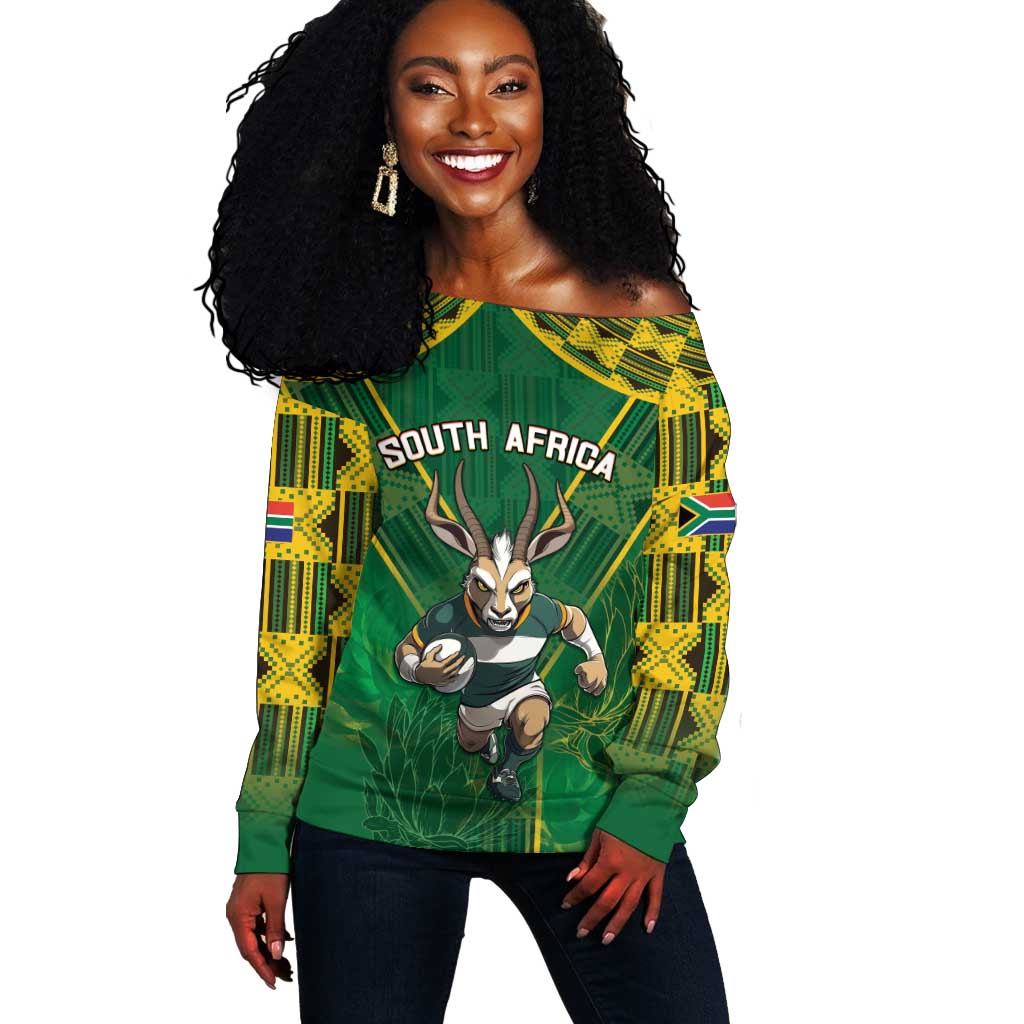 Custom South Africa Rugby 2024 Off Shoulder Sweater Go Bokke African Pattern LT05