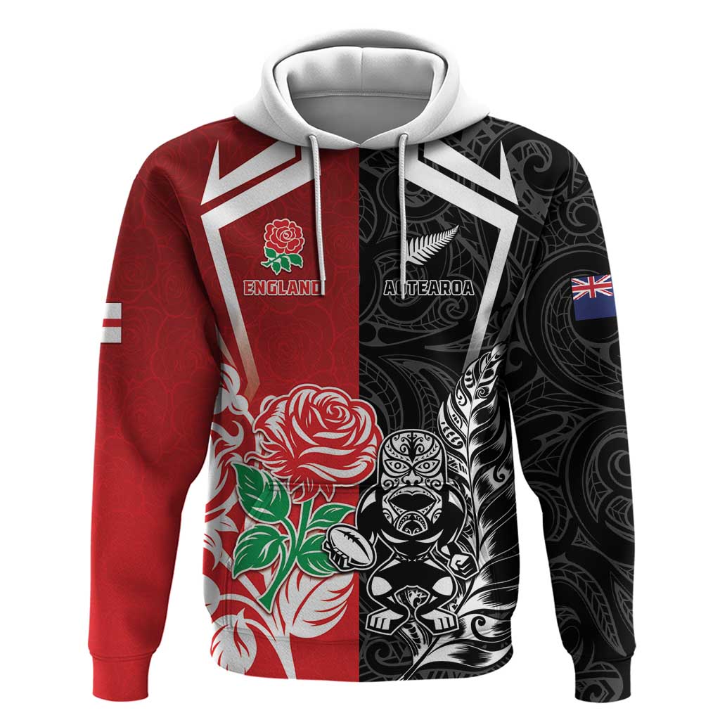 New Zealand And England Rugby Custom Hoodie Maori Tiki With Red Rose Together LT05