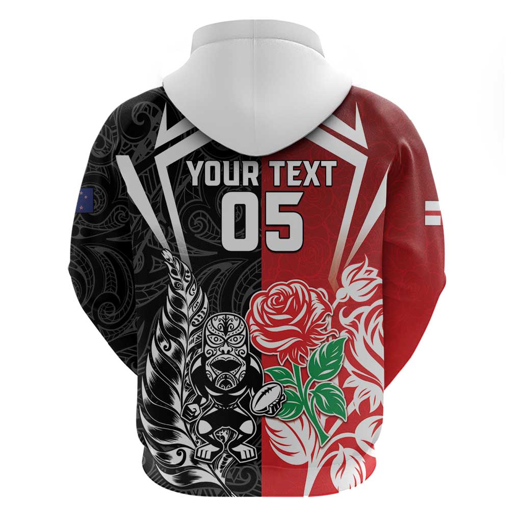 New Zealand And England Rugby Custom Hoodie Maori Tiki With Red Rose Together LT05