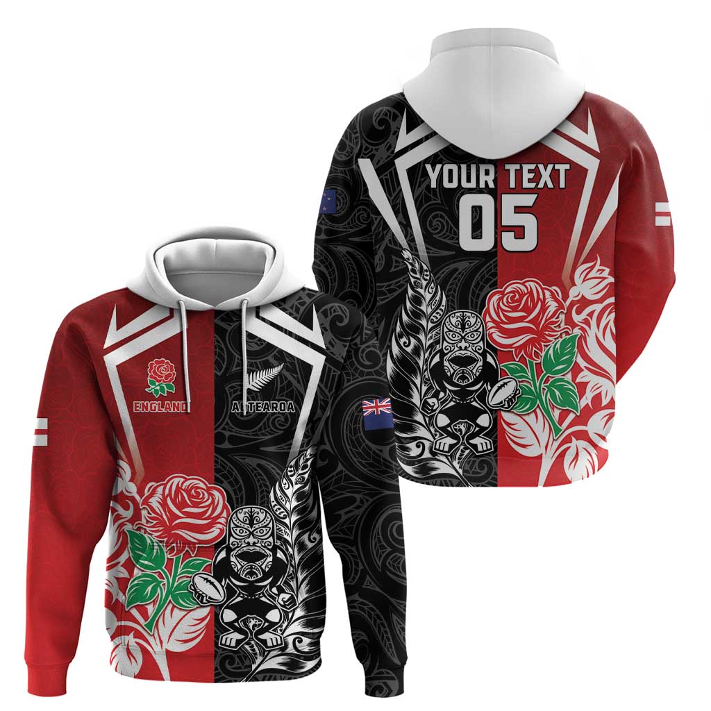 New Zealand And England Rugby Custom Hoodie Maori Tiki With Red Rose Together LT05
