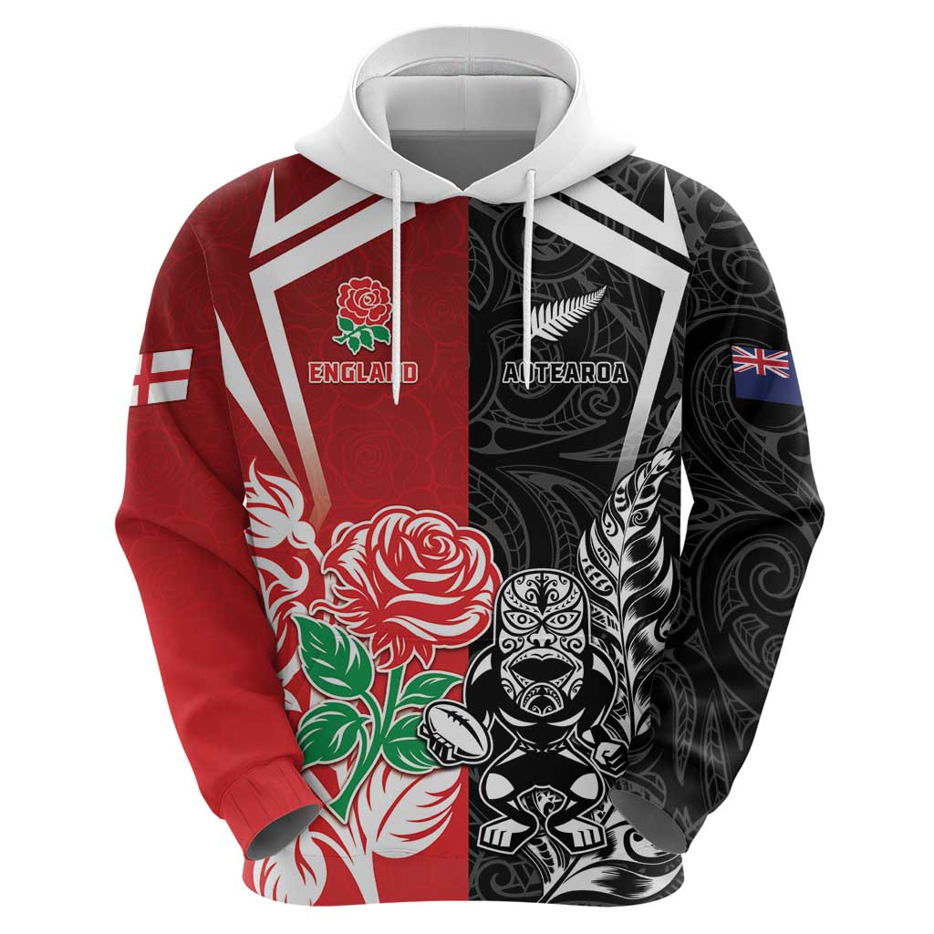 New Zealand And England Rugby Custom Hoodie Maori Tiki With Red Rose Together LT05