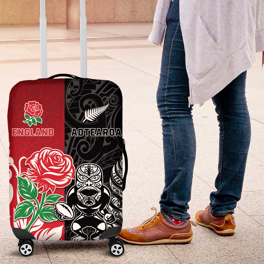 New Zealand And England Rugby Luggage Cover Maori Tiki With Red Rose Together LT05