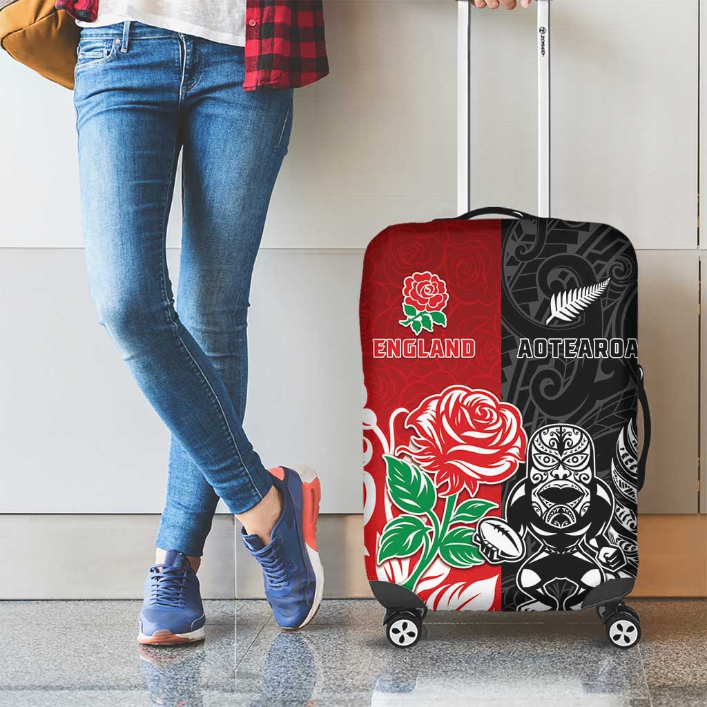 New Zealand And England Rugby Luggage Cover Maori Tiki With Red Rose Together LT05