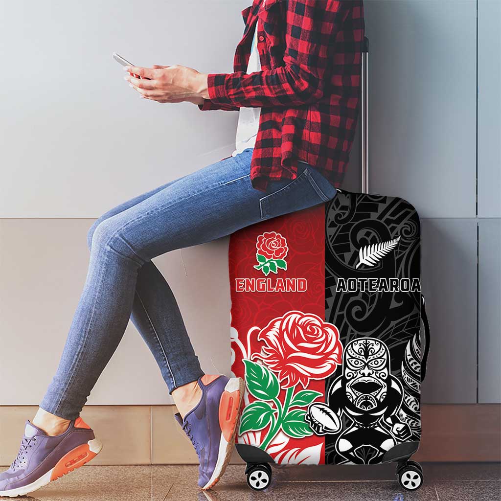 New Zealand And England Rugby Luggage Cover Maori Tiki With Red Rose Together LT05