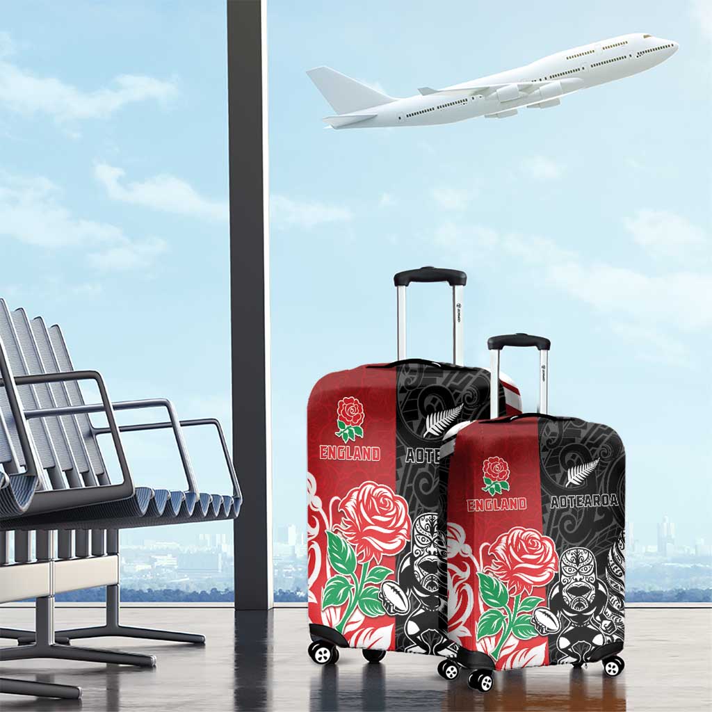 New Zealand And England Rugby Luggage Cover Maori Tiki With Red Rose Together LT05