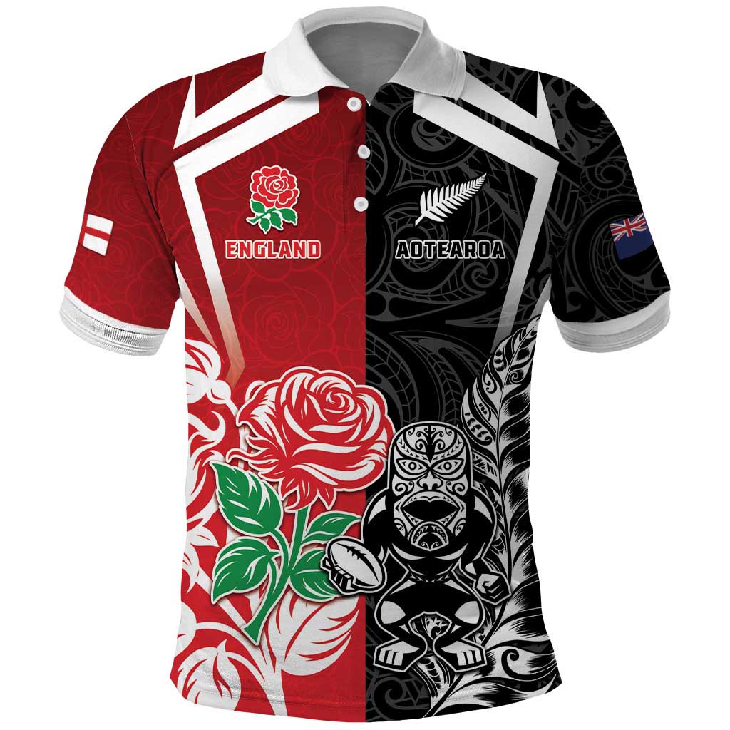 New Zealand And England Rugby Custom Polo Shirt Maori Tiki With Red Rose Together LT05