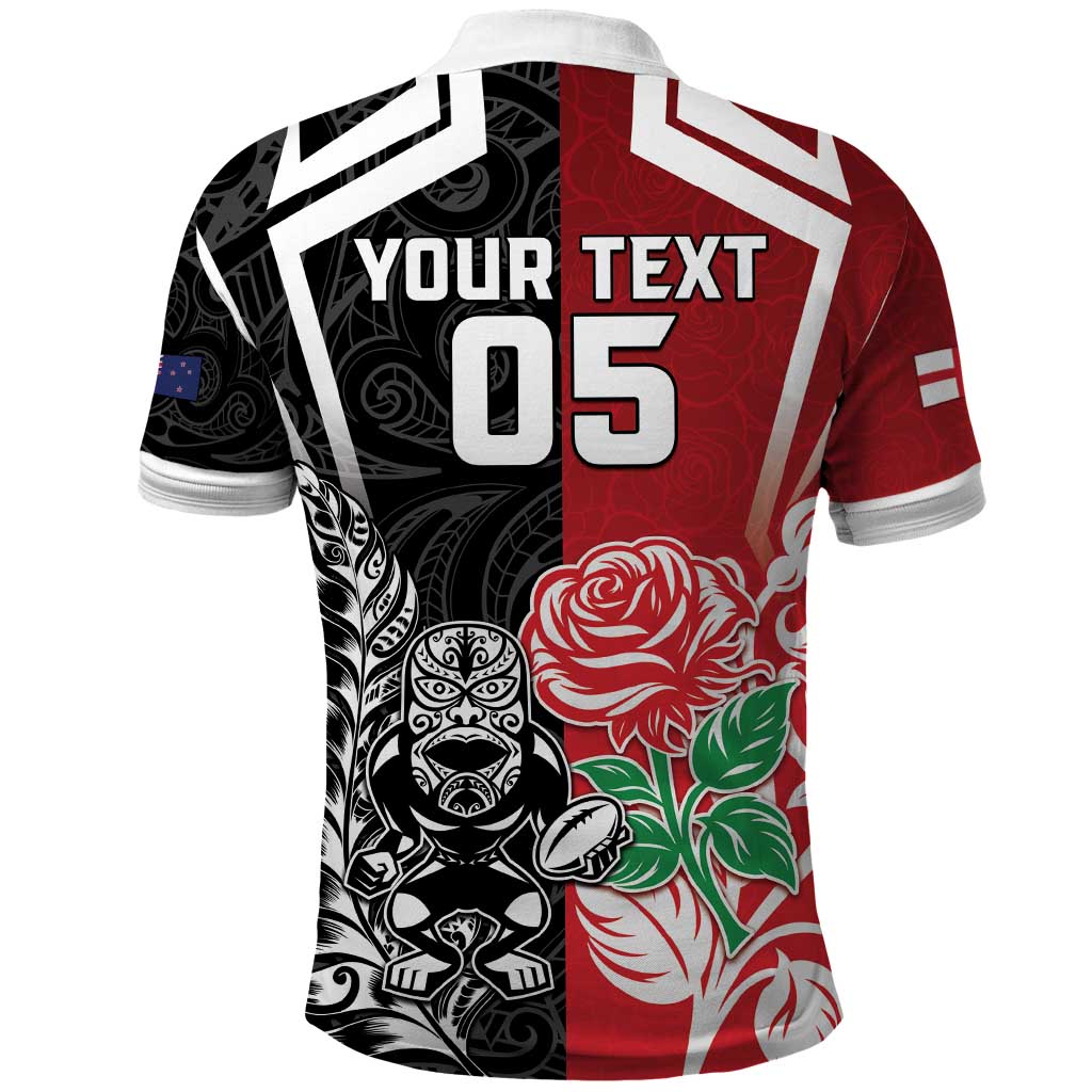 New Zealand And England Rugby Custom Polo Shirt Maori Tiki With Red Rose Together LT05