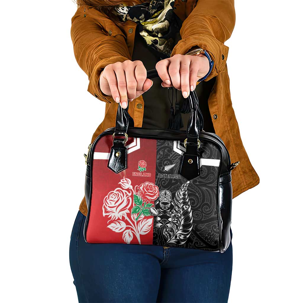 New Zealand And England Rugby Shoulder Handbag Maori Tiki With Red Rose Together LT05