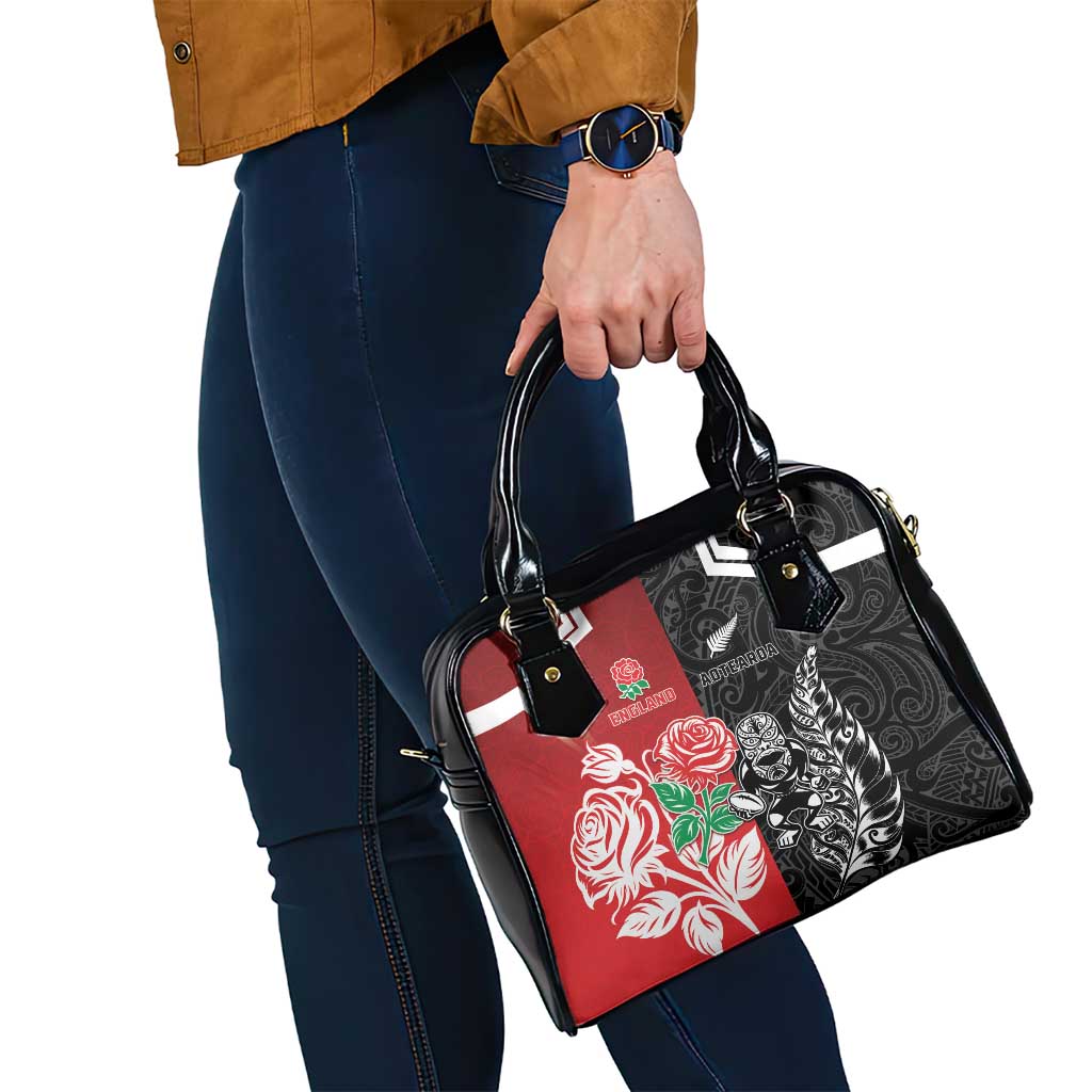 New Zealand And England Rugby Shoulder Handbag Maori Tiki With Red Rose Together LT05