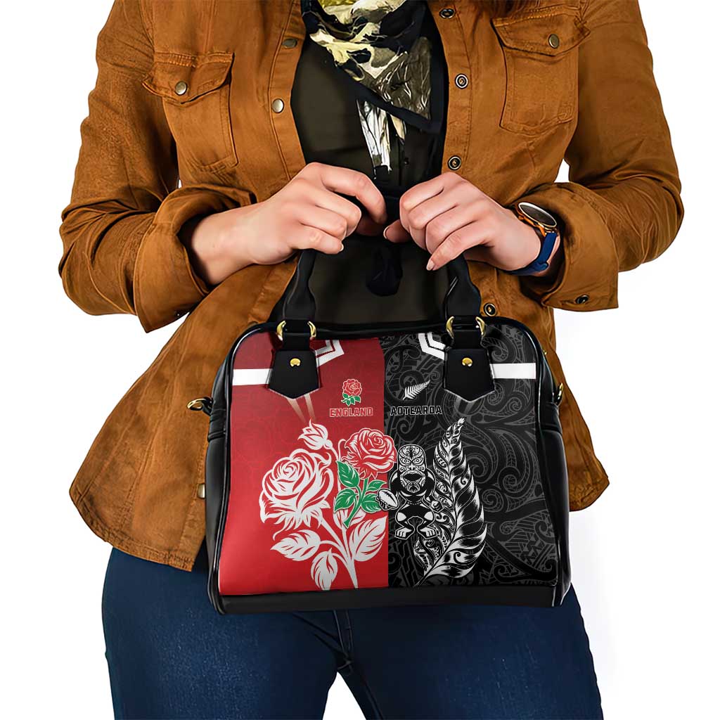 New Zealand And England Rugby Shoulder Handbag Maori Tiki With Red Rose Together LT05