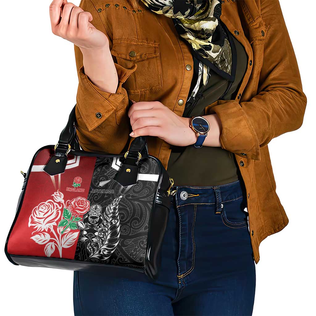 New Zealand And England Rugby Shoulder Handbag Maori Tiki With Red Rose Together LT05