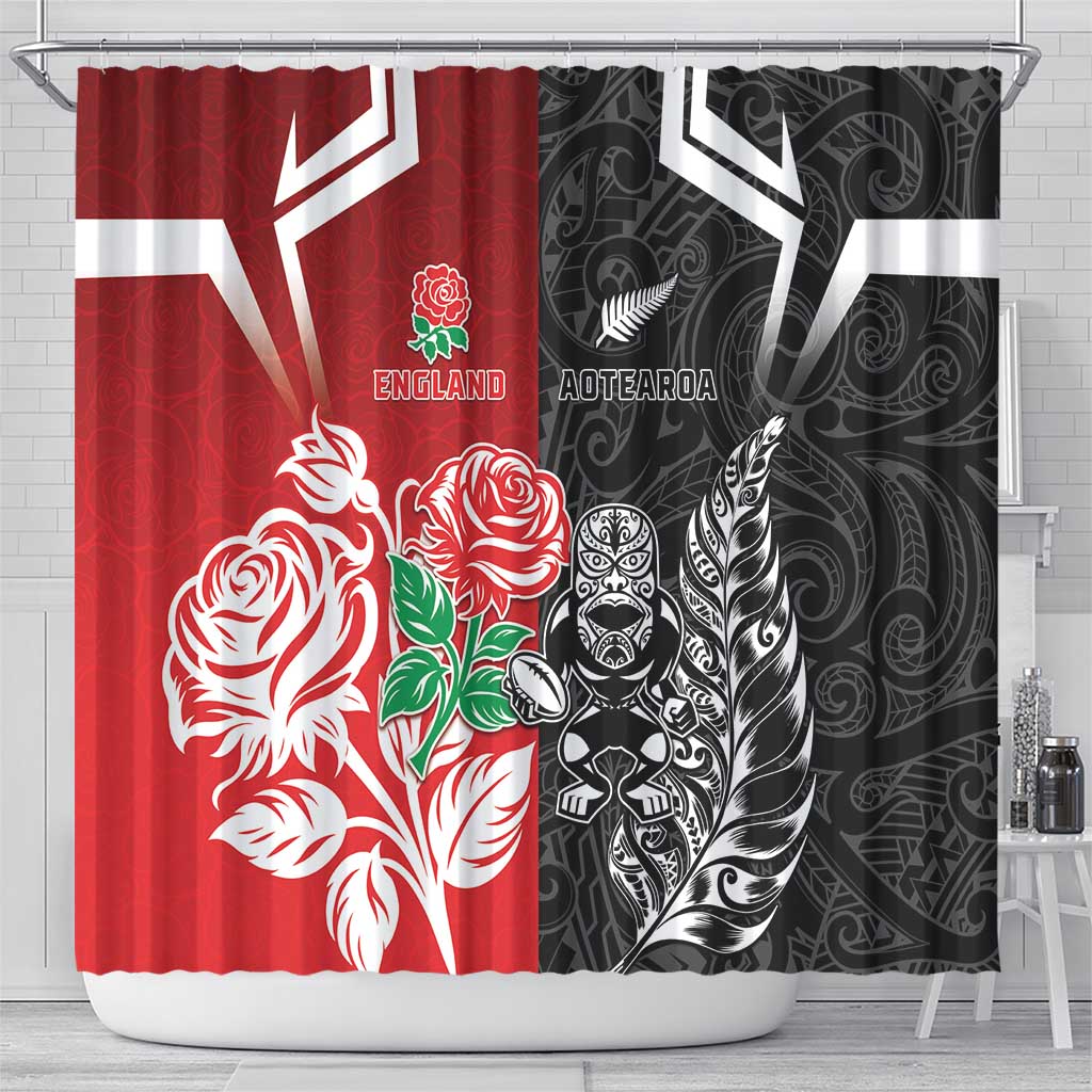 New Zealand And England Rugby Shower Curtain Maori Tiki With Red Rose Together LT05